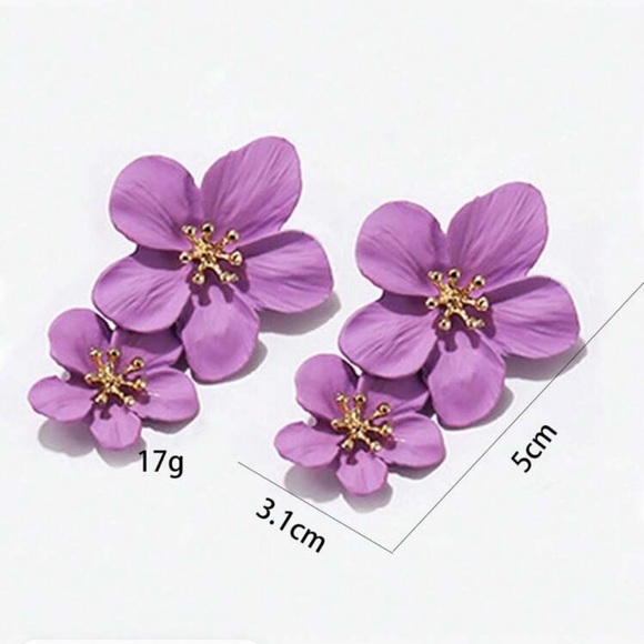 Double Purple Mauve Flower with Gold Center, Boho, Dangle Vacation Earrings - Picture 5 of 5